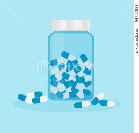 Pill bottle. Medical capsules container on blue background. Isometric vector illustration Pill bottle. Medical capsules container on blue background. Isometric vector illustration 94702921