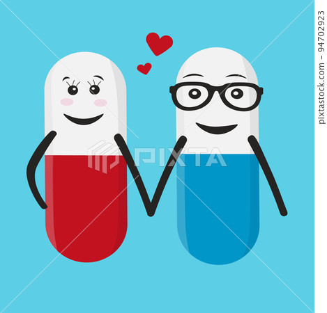 Cute cartoon character pills on blue background. Medical pills with heart on head. Illustration design concept of Healthcare and Medicine. Cute cartoon character pills on blue background. Medical pills with heart on head. Illustration design concept of Healthcare and Medicine. 94702923