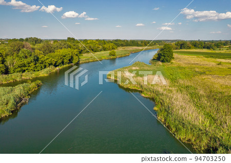 Drone view over summer river Ros landscape, Ukraine. Drone view over summer river Ros landscape, Ukraine. 94703250