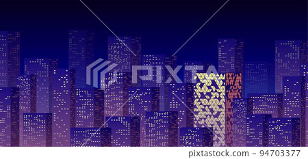 Neon night in the business city with skyscrapers. Purple highrise cityscape background in 80s style with neon lights in the windows. 94703377
