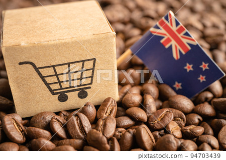 New Zealand flag on coffee bean, import export trade online commerce concept. flag on coffee bean, import export trade online commerce concept. 94703439