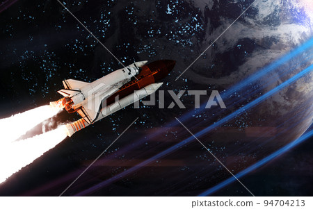 Space shuttle on background of habitable deep space planet Space shuttle on background of habitable deep space planet 94704213