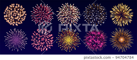Set of colorful fireworks. Set of festive patterned salute bursting in various shapes 94704784