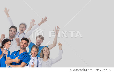 Happy doctors raising arms Happy doctors raising arms 94705309