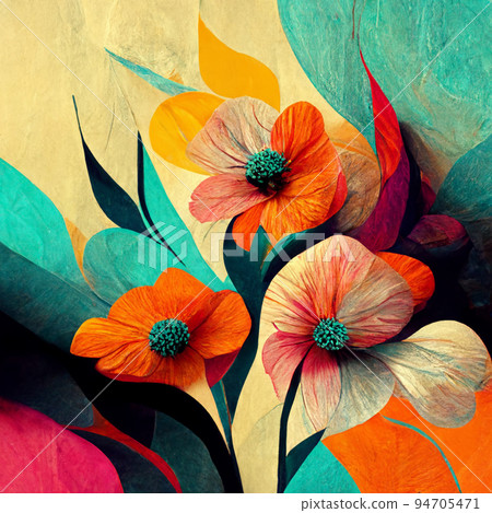 Watercolor art background. Digital generated wallpaper design with flower paint brush line art. 94705471