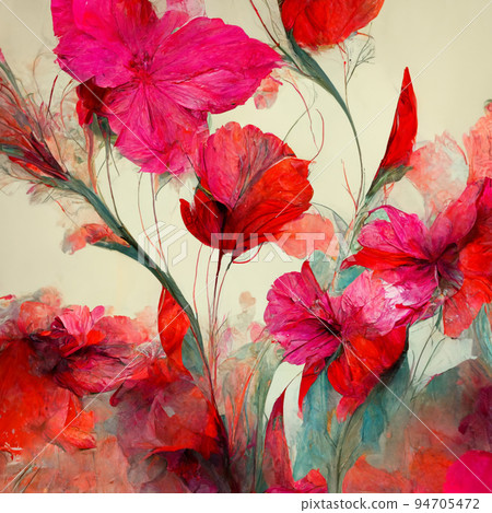 Pink flowers background. Watercolor art background. Digital generated wallpaper design with flower paint brush line art. 94705472