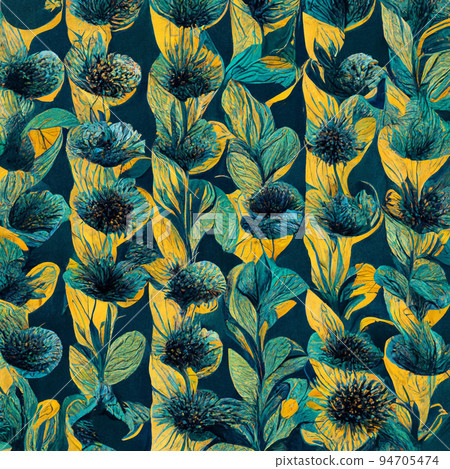 Teal and yellow abstract flower pattern for prints, wall art, cover and invitation. Watercolor art background. 94705474