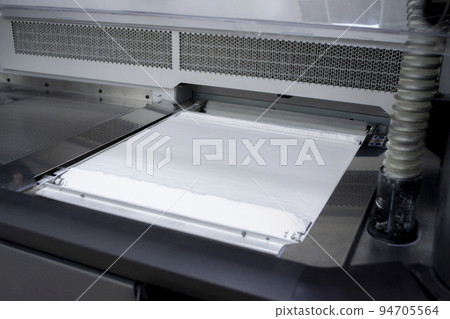 White polyamide powder for printing powder 3d printer close-up. Powder for high-speed printing of 3D printer on working surface inside printer. New modern printing technology. Multi Jet Fusion MJF White polyamide powder for printing powder 3d printer close-up. Powder for high-speed printing of 3D printer on working surface inside printer. New modern printing technology. Multi Jet Fusion MJF 94705564