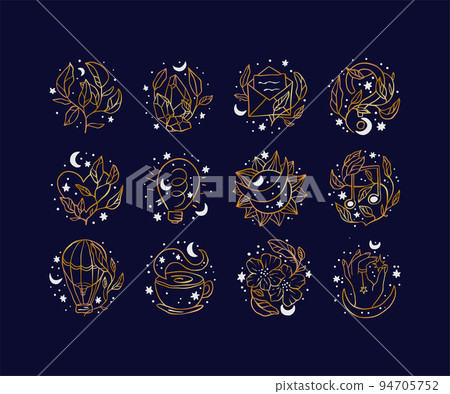 Celestial feminine logo set, woman icon collection with stars moon, fashion, travel and hand sign symbols 94705752