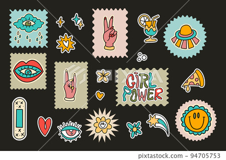 Retro cute cartoon hippy groovy vector sticker set 94705753
