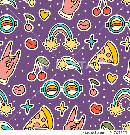 Cute cartoon groovy sticker vector seamless pattern, Hippie retro illustration 94705755
