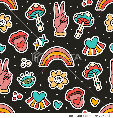 Cute cartoon groovy mushroom sticker vector seamless pattern, Hippie retro illustration Cute cartoon groovy mushroom sticker vector seamless pattern, Hippie retro illustration 94705781