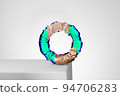 3d render, abstract geometric torus shape, cracked surface with hole. Split object isolated on white background. Minimal design. 94706283
