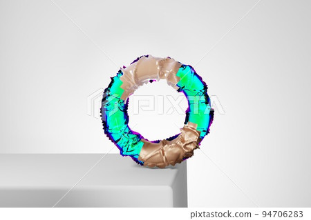 3d render, abstract geometric torus shape, cracked surface with hole. Split object isolated on white background. Minimal design. 94706283
