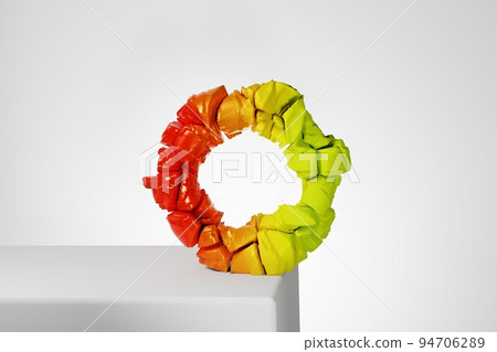 3d render, abstract geometric torus shape, cracked surface with hole. Split object isolated on white background. Minimal design. 94706289
