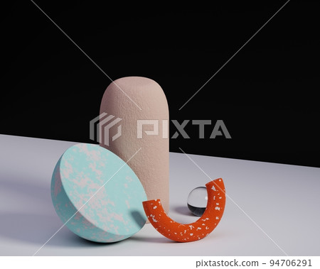 Geometric shapes interior. Trendy 3d render illustration for social media banners and promotion. Pastel colors primitives on background. Abstract composition in modern style. 94706291