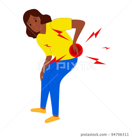 Afro American woman has low back pain and sciatica from a herniated disc. Medical diagrams about trapped nerves make patients chronic pain in the back and paralysis. Vector illustration. 94706311