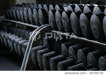 Fitness exercise gym workout sport weight training muscle isolated, concept strong equipment in standing from power active, squat monochrome. Young slim shiny, 94706736