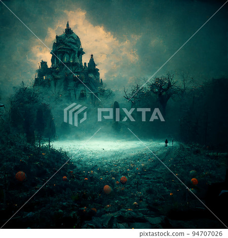 spooky Halloween card with haunted house at night 94707026