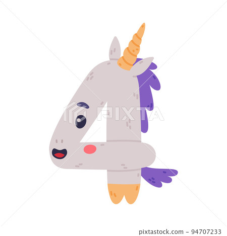 Unicorn Cute Number Four or Numeral with Smiling Face and Twisted Horn Vector Illustration 94707233