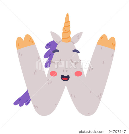 Unicorn Cute Alphabet Letter W with Smiling Face and Twisted Horn Vector Illustration Unicorn Cute Alphabet Letter W with Smiling Face and Twisted Horn Vector Illustration 94707247