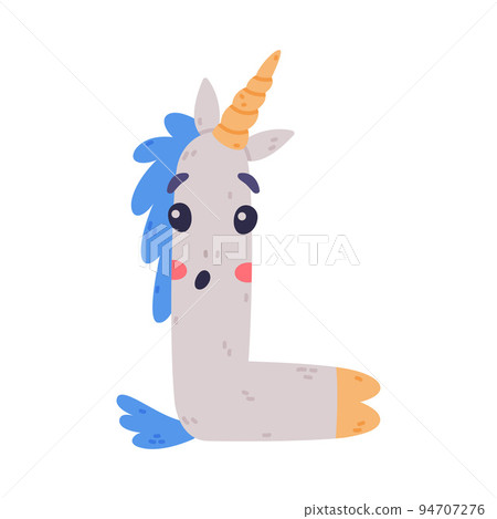 Unicorn Cute Alphabet Letter L with Smiling Face and Twisted Horn Vector Illustration 94707276