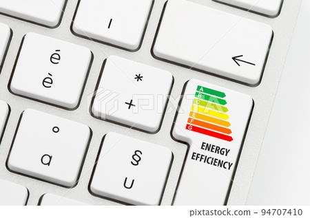 Energy efficiency rating computer keyboard. Concept green ecology 94707410