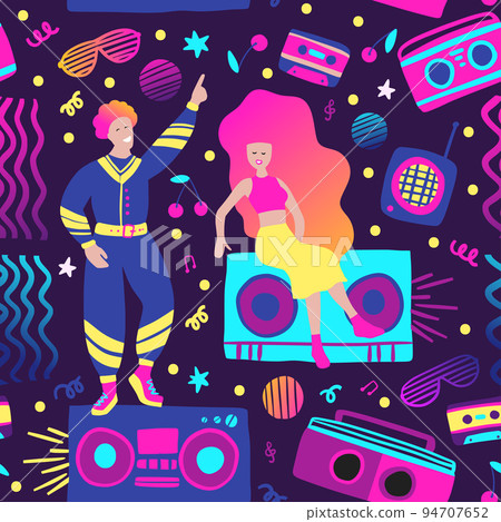 Tape recorder radio seamless pattern 80s illustration 94707652