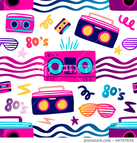 Tape recorder radio seamless pattern 80s illustration 94707656