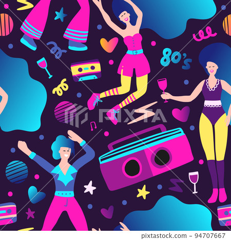 Tape recorder radio seamless pattern 80s illustration 94707667