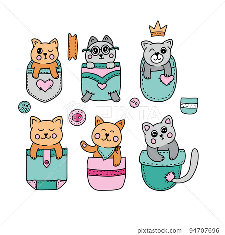 Cartoon cat in a pocket set, kid illustration collection. Cartoon cat in a pocket set, kid illustration collection. 94707696