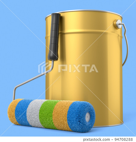 Open metal can with paint roller for painting walls on blue background. 94708288