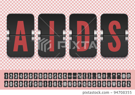 Flip countdown timer font with shadows isolated on transparent background. Vector illustration template. Scoreboard alphabet. Vintage flip clock time counter vector template. 94708355