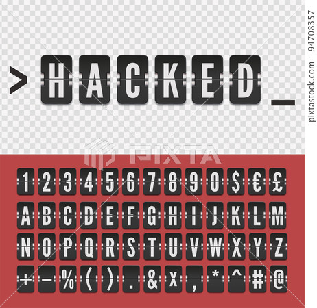Airport mechanical flip scoreboard terminal alphabet font for flight timetable and destination, arrival or departure info. Vector illustration of hacked sign Airport mechanical flip scoreboard terminal alphabet font for flight timetable and destination, arrival or departure info. Vector illustration of hacked sign 94708357