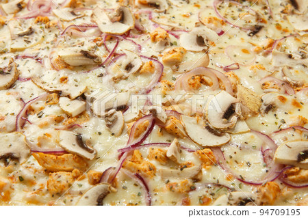 Pizza background - macro shot of italian pizza. Pizza background - macro shot of italian pizza. 94709195