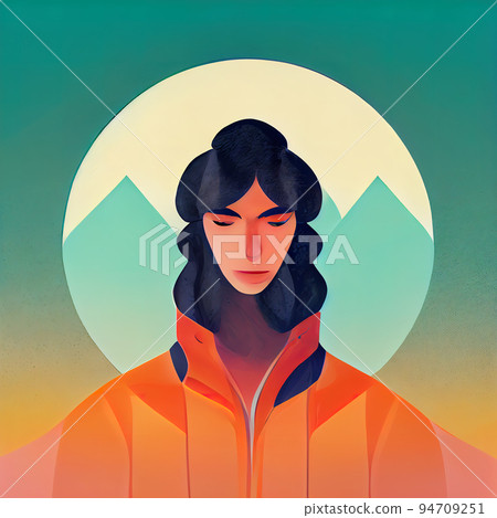 Portrait of a rock climber. Stylized man on the background of mountains. Mountain traveler portrait. Digital illustration. Portrait of a rock climber. Stylized man on the background of mountains. Mountain traveler portrait. Digital illustration. 94709251