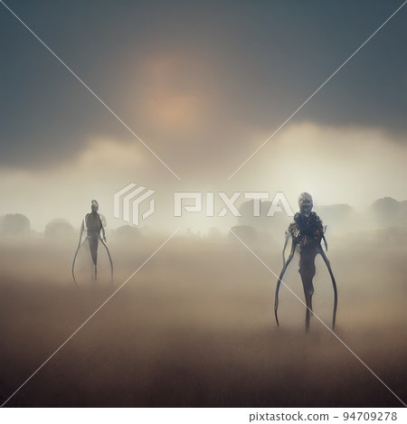 Alien civilization with humanoids. Aliens on an extraterrestrial civilization. Digital illustration. Alien civilization with humanoids. Aliens on an extraterrestrial civilization. Digital illustration. 94709278