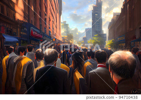 crowd of office suit wearing people walking to work at downtown street, neural network generated art 94710438