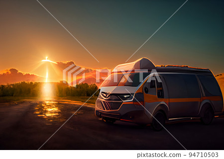 Travel van driving on sunset background. Camping car on the road. Cartoon style travel concept, neural network generated art 94710503