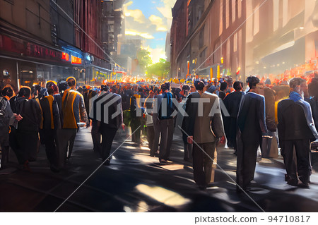 crowd of office suit wearing people walking to work at downtown street, neural network generated art 94710817