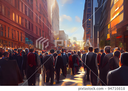 crowd of office suit wearing people walking to work at downtown street, neural network generated art 94710818