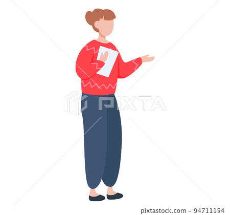 Woman stands with clipboard in hands talking to someone, female standing full length side view 94711154