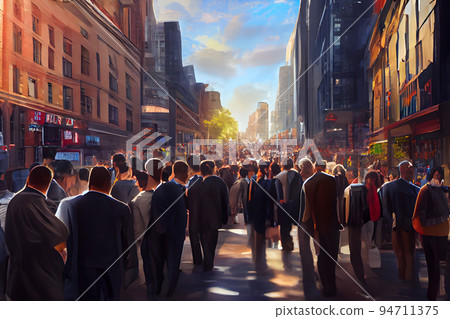 crowd of office suit wearing people walking to work at downtown street, neural network generated art 94711375