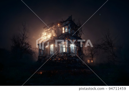 dark haunted house with illuminated windows at spooky misty dark halloween night, neural network generated art 94711459