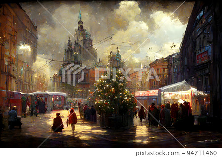 night crowded christmas european town street, neural network generated art 94711460