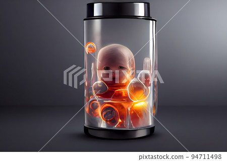 human baby embyo inside incubator breeding tank on gray background, ectogenesis concept, neural network generated art 94711498