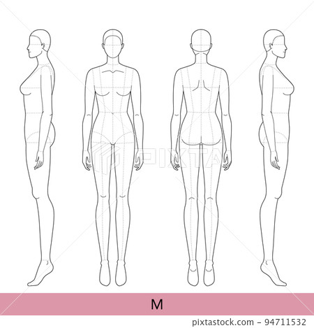 Set of M Size Women Fashion template 9 nine head Croquis with main lines Lady model skinny body figure front, 3-4, back Set of M Size Women Fashion template 9 nine head Croquis with main lines Lady model skinny body figure front, 3-4, back 94711532
