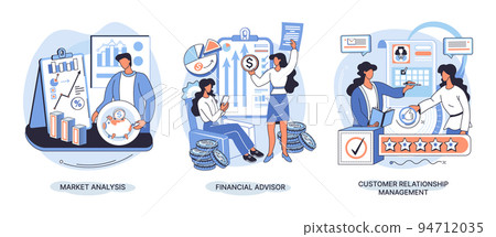 Market statistics analysis metaphor, financial advisor, customer relationship management business themes set 94712035