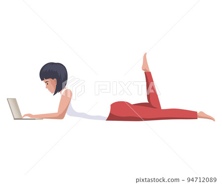Woman working remotely with computer. Lady with laptop lying on floor, studying courses online 94712089
