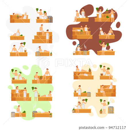 Sauna and steam room. Set of people in sauna. People relax and steam with birch brooms in banya Sauna and steam room. Set of people in sauna. People relax and steam with birch brooms in banya 94712117